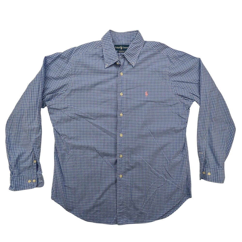 Ralph Lauren Shirt Mens 16 Classic Fit Blue White Check Long Sleeve Button Down